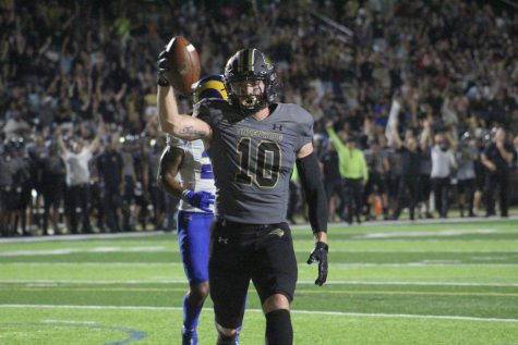 Wide receiver Alex Faddoul celebrates after catching a 24-yard touchdown pass to make the score 23-14 in favor of Angelo State heading into halftime of the 2021 season opener at Hunter Stadium on Thursday, Sept. 3. 