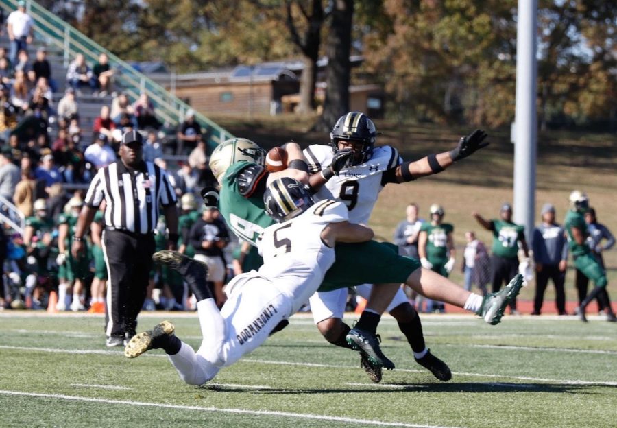 Lindenwood senior linebacker, Drew Seers, tackling a player from Missouri S&T  
