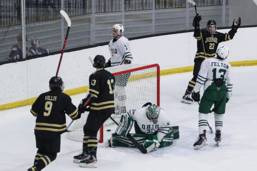 Junior+forward+Andy+Willis%2C+sophomore+forward+Zach+Aughe%2C+and+freshman+forward+Max+Helgeson+celebrate+together+after+scoring+a+goal+against+Ohio+University+during+a+home+game+at+the+Centene+Community+Ice+Center+on+Friday%2C+Jan.+29.+Lindenwood+won+the+game+by+a+final+score+of+9-0.
