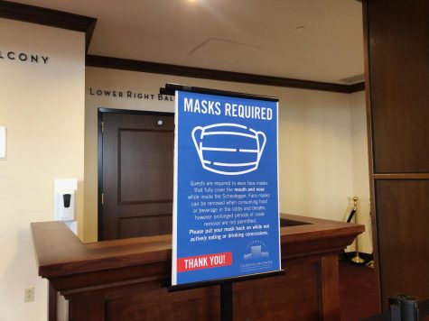 A sign of the mask requirements at the J. Scheidegger Center on the Lindenwood Campus on Jan. 27.