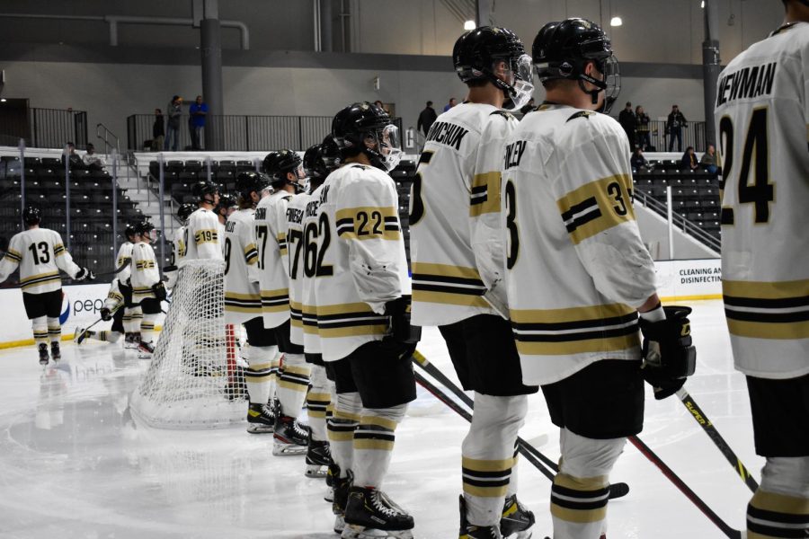 The mens ice hockey team lines up ahead of the ACHA Division I National Championship Game against the University of Central Oklahoma on March 15. The Lions won the game by a final score of 8-3.