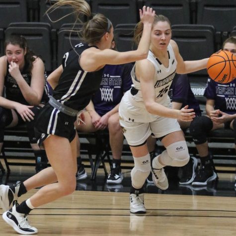 Devin Fuhring (right) looks to drive past a Truman State defender during a home game against the Bulldogs on Jan. 22, 2022. The Lions fell 57-47 in the game.