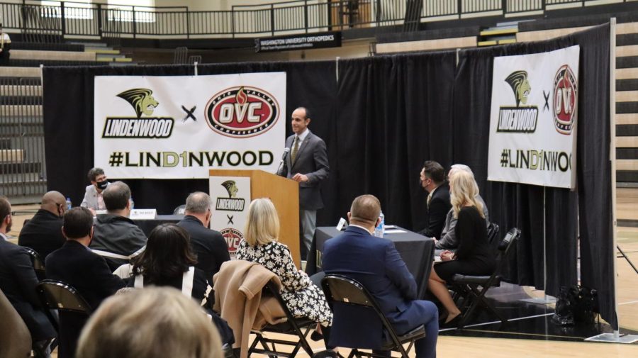 Brad Wachler speaks in front of a crowd during Lindenwoods press conference that announced the universitys move to Division I on Feb. 23 in Hyland Arena.