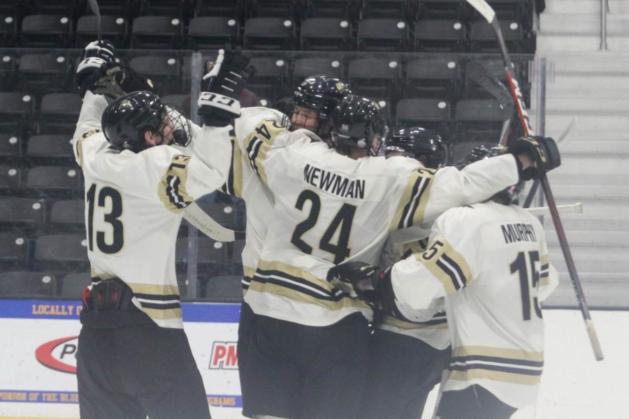 The men's ice hockey team celebrates during their game against Michigan-Dearborn on March 11 at the Centene Community Ice Center. The Lions won the game by a final score of 8-3.