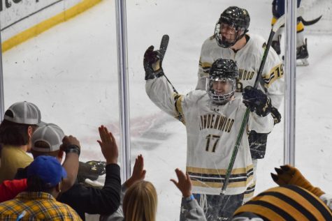 Senior forward Ryan Finnegan celebrates with Lindenwood fans during the Lions 8-3 win vs. Central Oklahoma on March 15. 