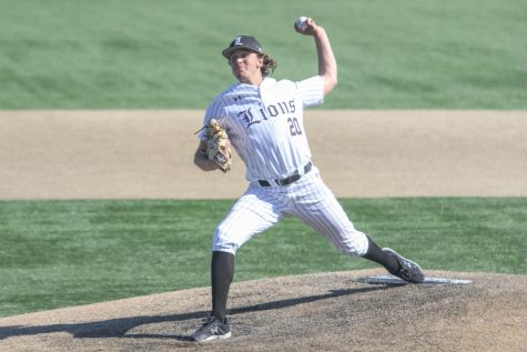 Freshman left-handed pitcher Eli Brown throws a pitch against Maryville University during a home game at the Lou Brock Sports Complex.