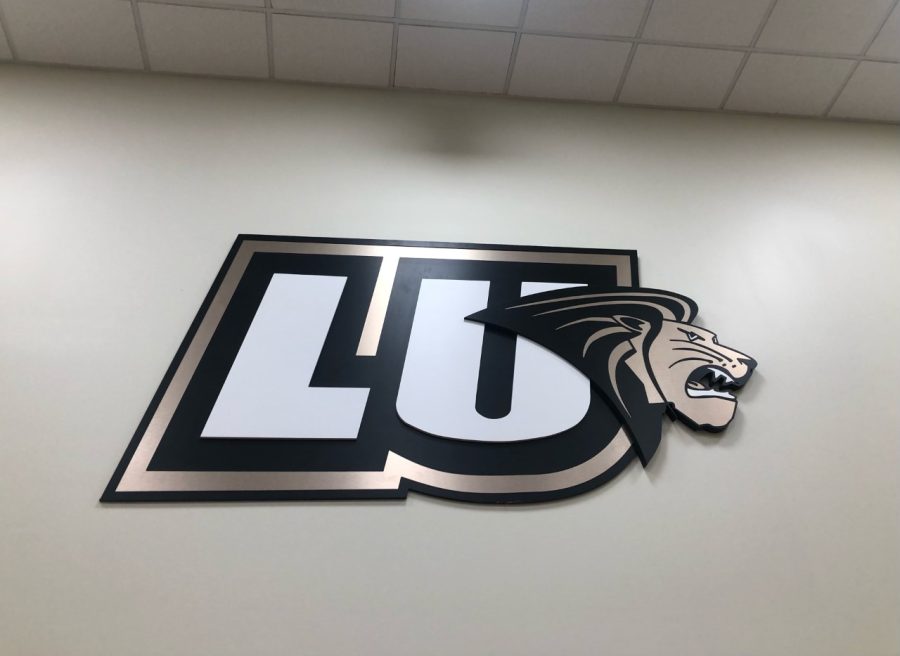 Lindenwood University logo in the Hyland Arena.