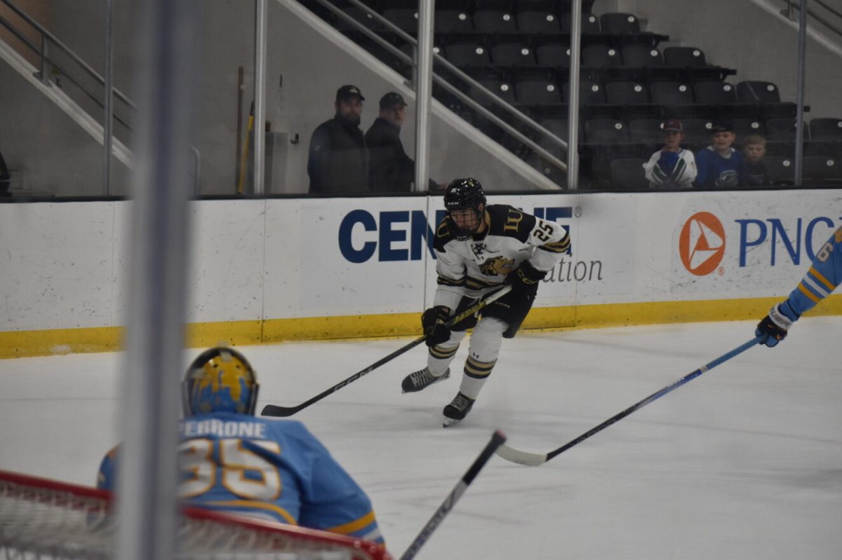 Austin Fraser skates towards the net in a game against Long Island University. 