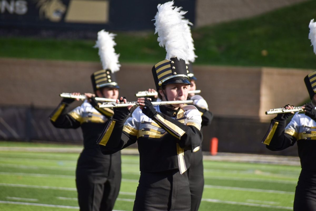 Members of the Lindenwood band perform on the field during halftime. 