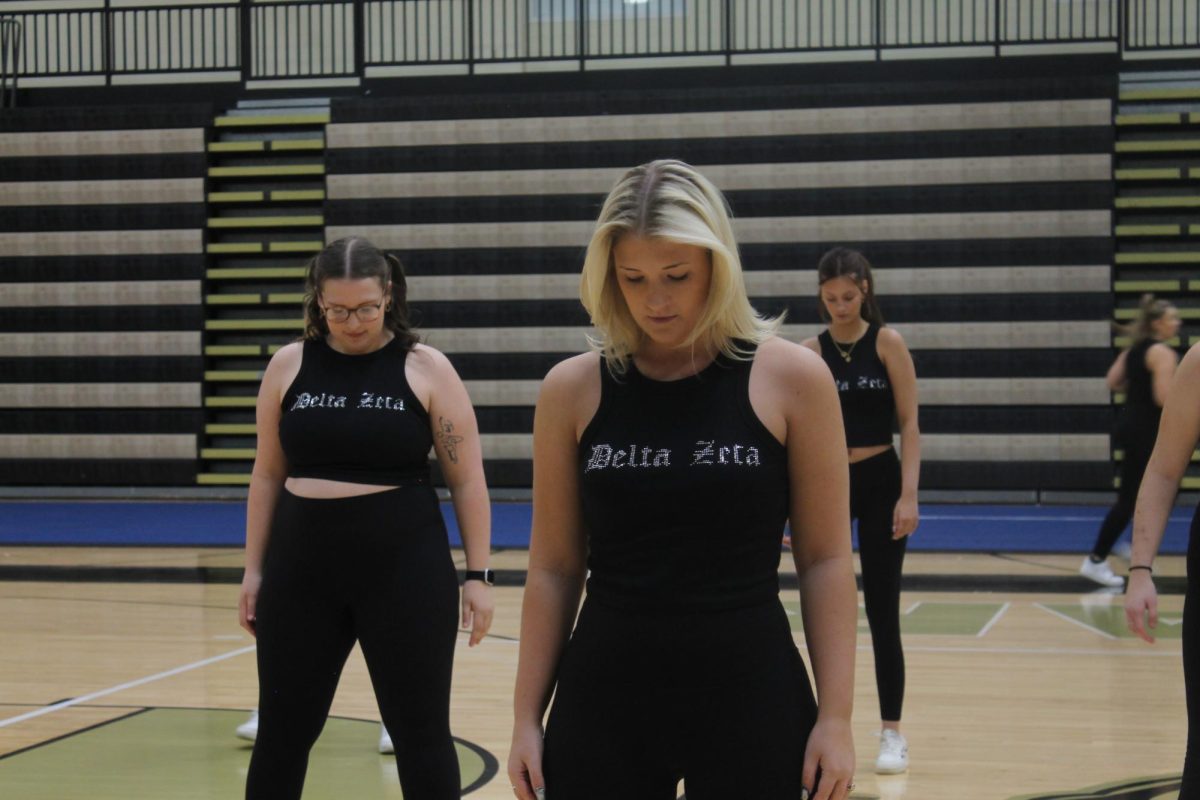 Madi Nelson and Anna Lucht pose during Delta Zetas performance for the Lip Sync Battle. 