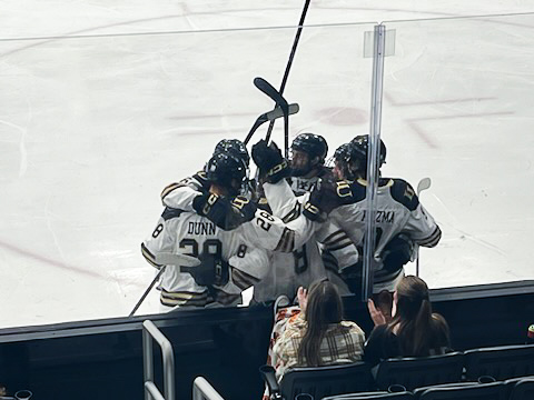 Lindenwood players huddled to celebrate Kyle Jeffers goal at the men’s ice hockey game on Nov. 11.