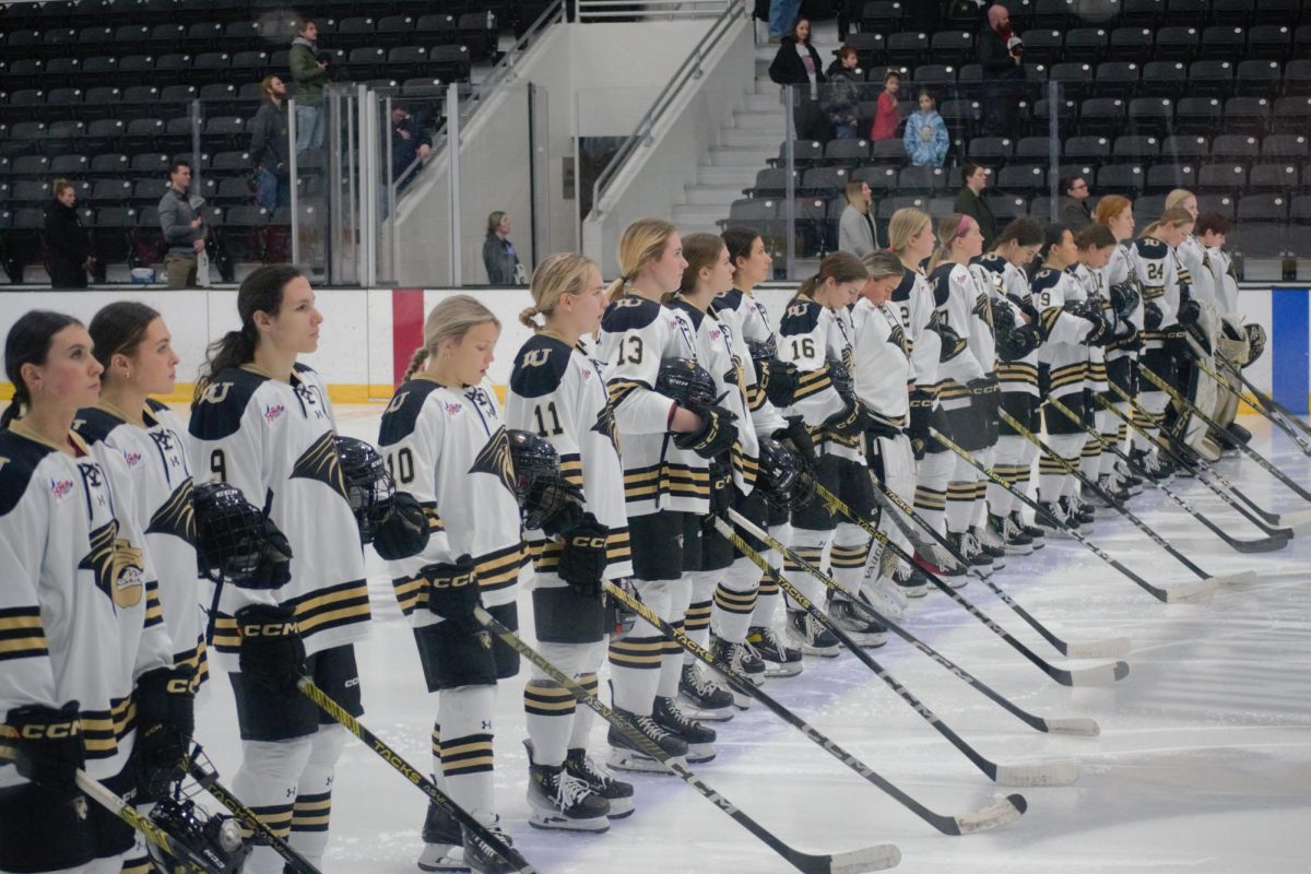 The+Lindenwood+Lions+line+up+for+the+national+anthem+prior+to+a+game+against+Rochester+Institute+of+Technology.+