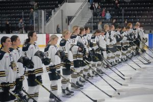 The Lindenwood Lions line up for the national anthem prior to a game against Rochester Institute of Technology. 