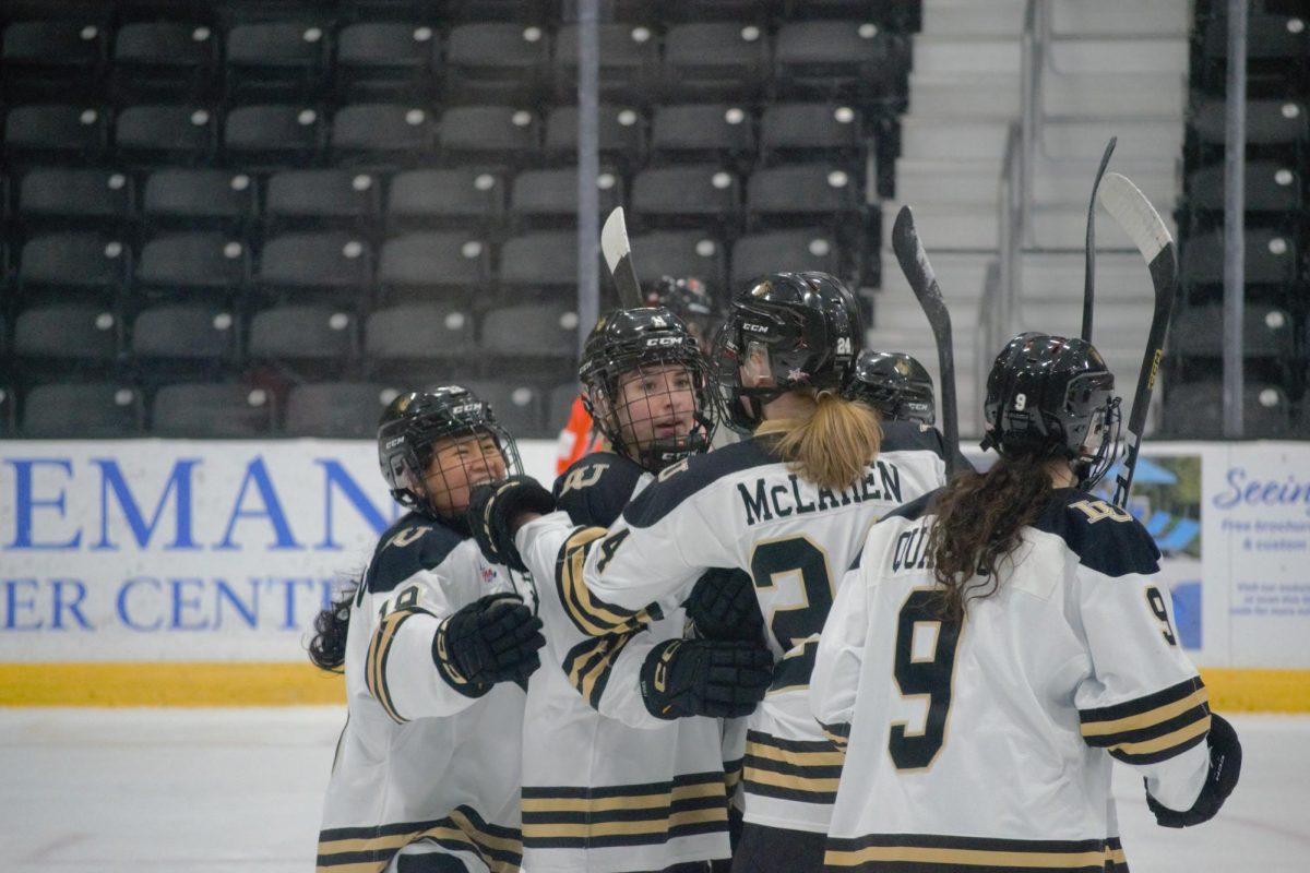 Members of the Lions, including Lucie Quarto, Molly Henderson and Quinn McLaren, celebrate a goal.