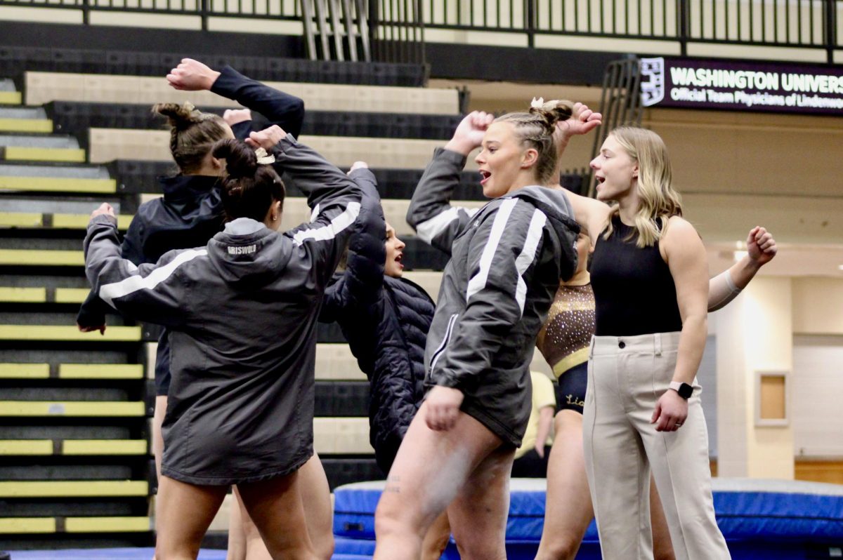 Lindenwood womens gymnastics performing their iconic cheer.