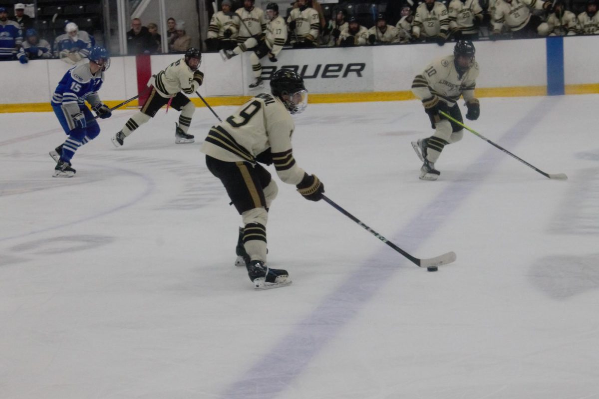 Forward Praveen Dhaliwal moves the puck down ice against Concordia University. 