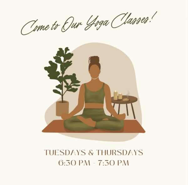 Flyer for Yoga classes on Tuesdays and Thursdays.