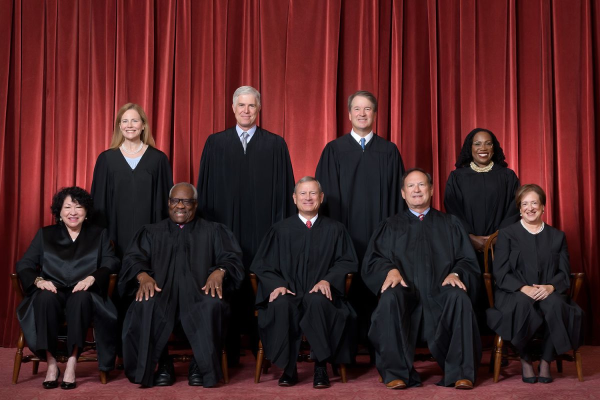 Formal group photograph of the Supreme Court.

Seated from left are Justices Sonia Sotomayor, Clarence Thomas, Chief Justice John G. Roberts, Jr., and Justices Samuel A. Alito and Elena Kagan.  
Standing from left are Justices Amy Coney Barrett, Neil M. Gorsuch, Brett M. Kavanaugh, and Ketanji Brown Jackson.