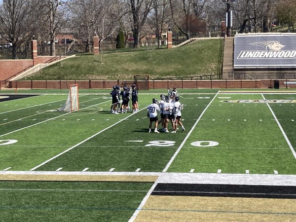 Lindenwood men’s Lacrosse team celebrates first goal of game vs Air Force Falcons.