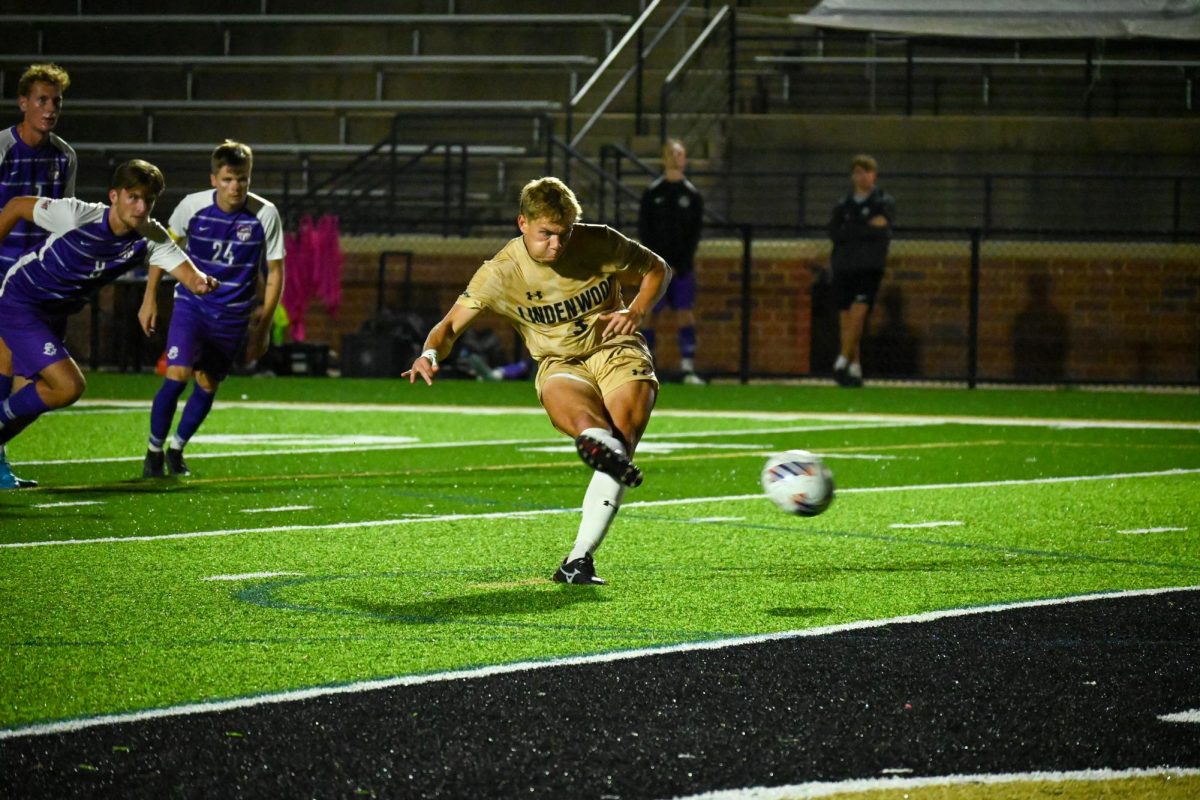 Ethan Blake takes a shot on goal against Evansville. 