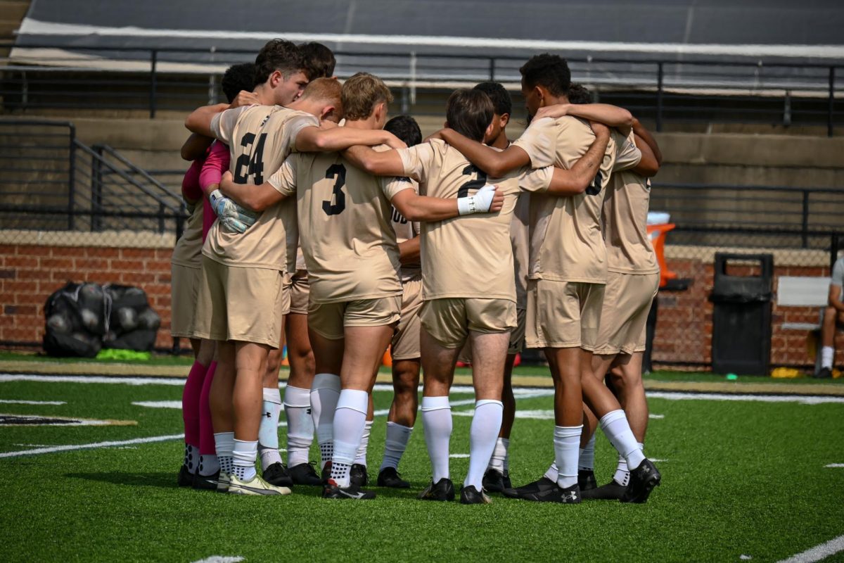 The Lindenwood men's soccer team huddles after a game against Westminster. 