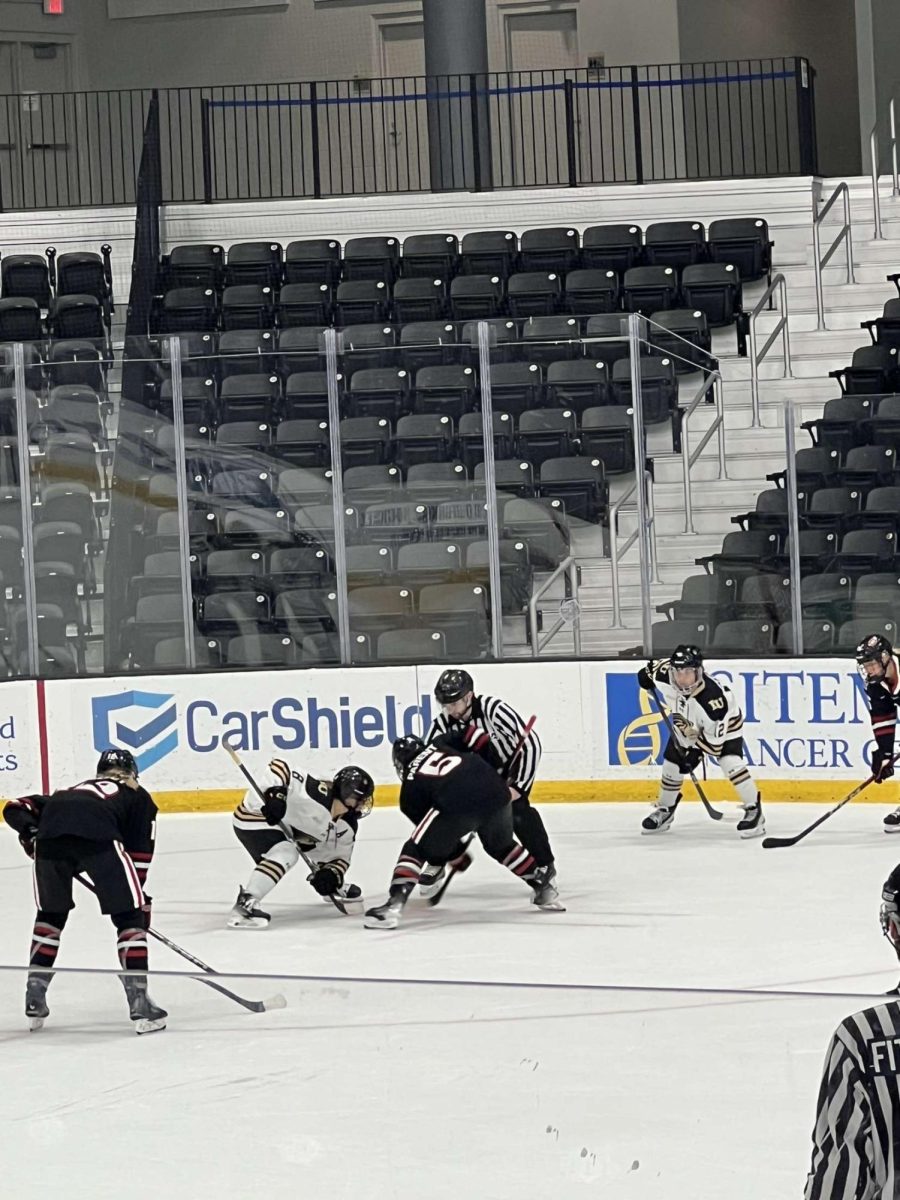 Lindenwood player Olivia Grabianowski (left) and St. Cloud player Brieja Parent (right) prepare to take a faceoff at the Centene Community Ice Center on Sept. 22.