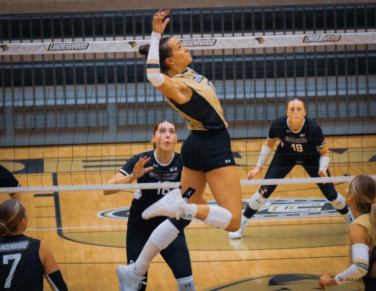 Ashley Geluck prepares to spike a ball in midair against Southern Illinois. 