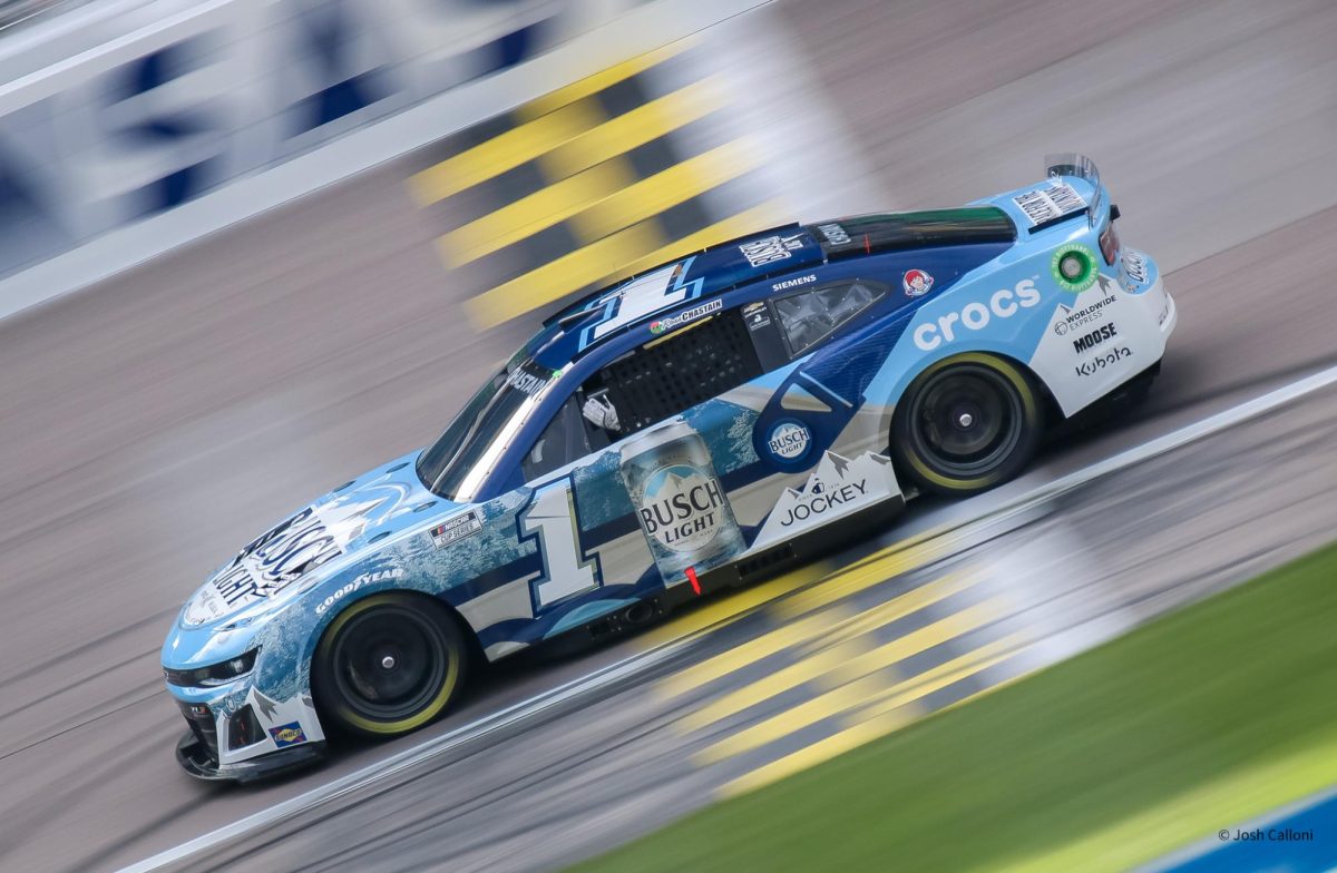 Ross Chastain makes laps at Kansas Speedway during a practice session for the Advent Health 400 on May 4, 2024. 