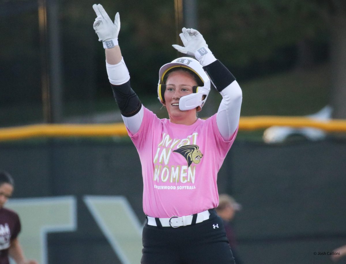 Joey Meyer celebrates after hitting a double in a game against St. Charles Community College. 