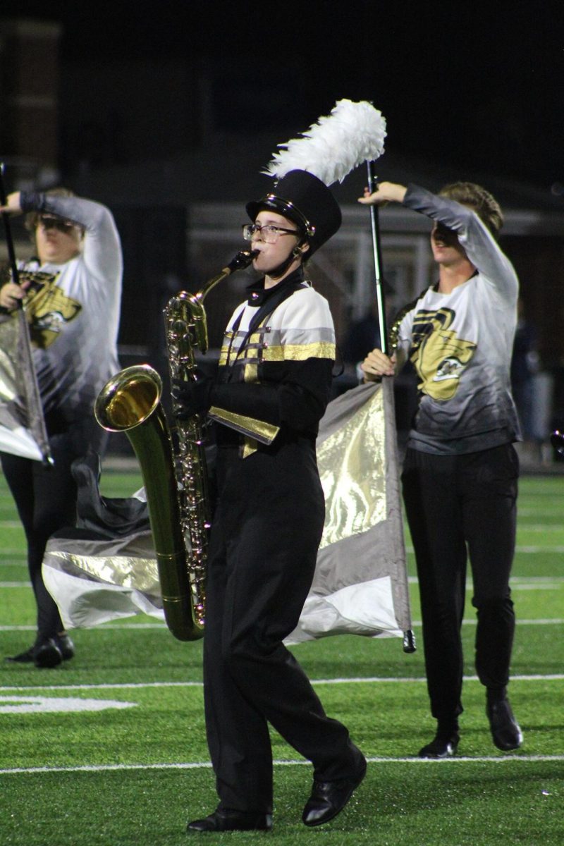 Hannah performs the Bari saxophone at Hunter Stadium apart of the Lindenwood Marching band. 