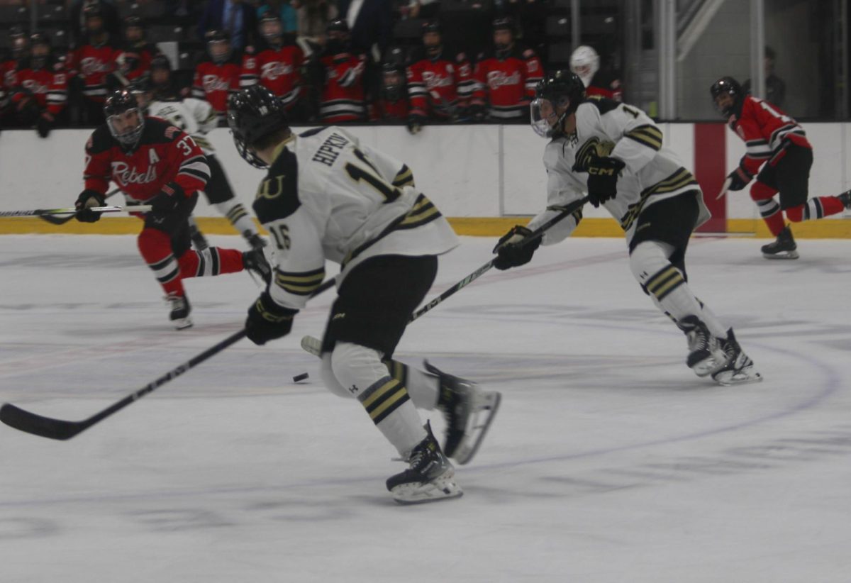 Jaeden Mercier passes the puck towards Ty Hipkin in a game against UNLV. 