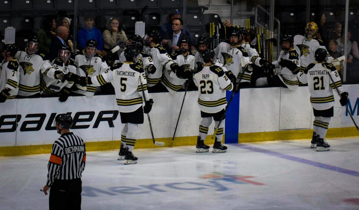 The Lindenwood Lions' men's hockey team greet each other prior to a game against the Ohio State Buckeyes. 