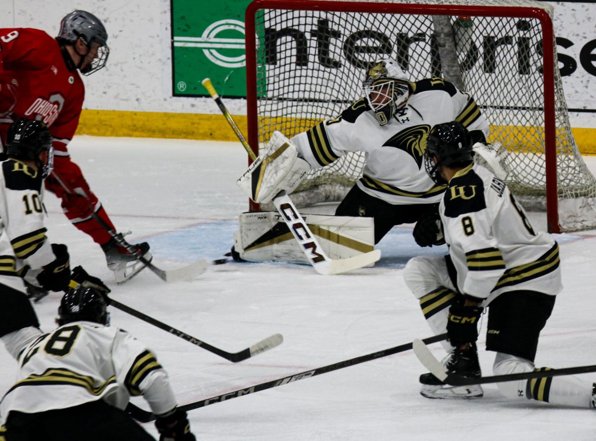 Lions goaltender Henry Graham blocks a shot by the Ohio State Buckeyes' Riley Thompson. 