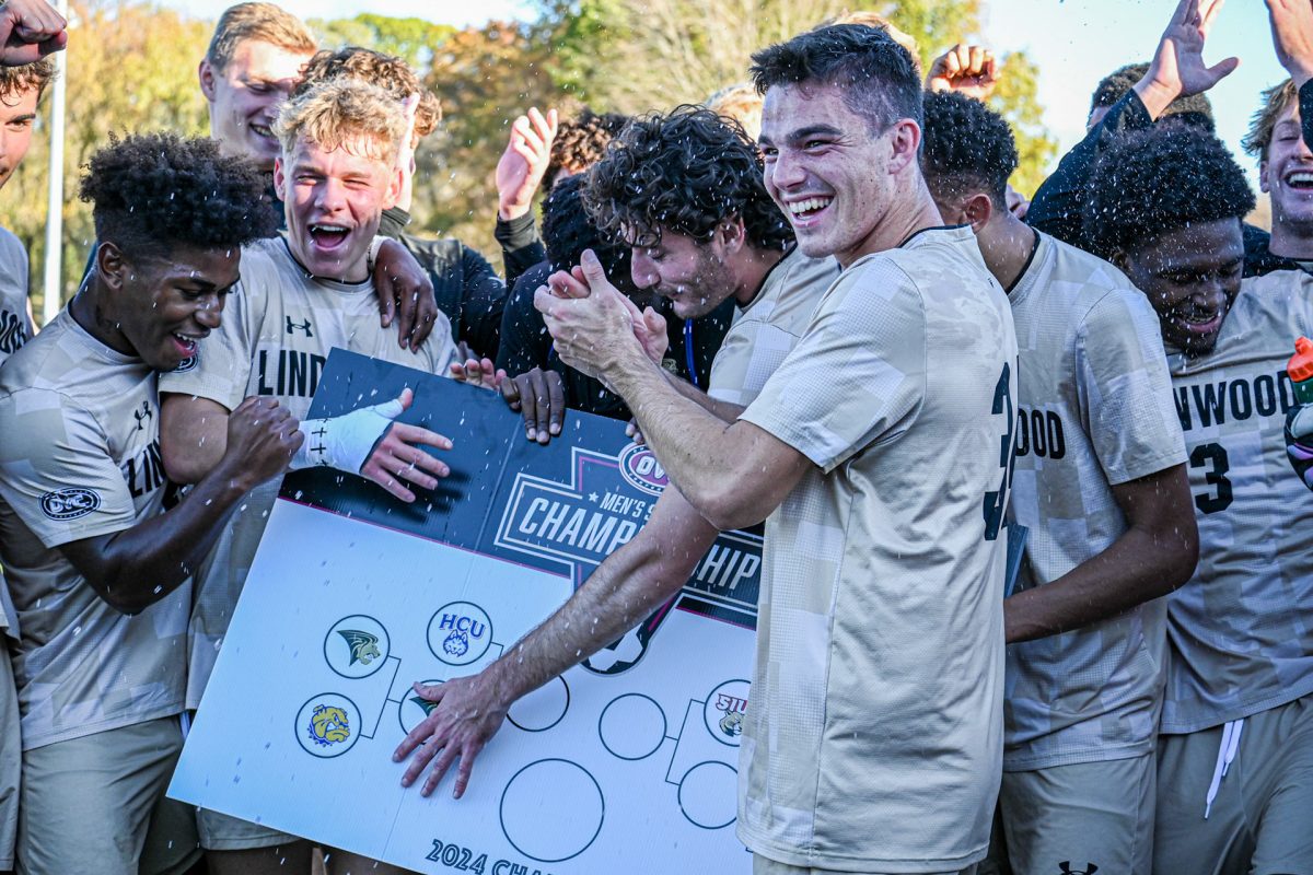 The Lindenwood men's soccer team celebrates advancing in the Ohio Valley Conference after a win against Western Illinois. 