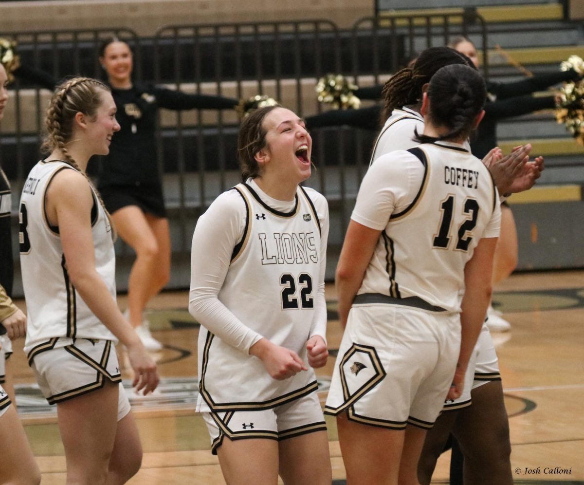 Mya Skoff and Brooke Coffey celebrate the Lions win over Tennessee Tech. 