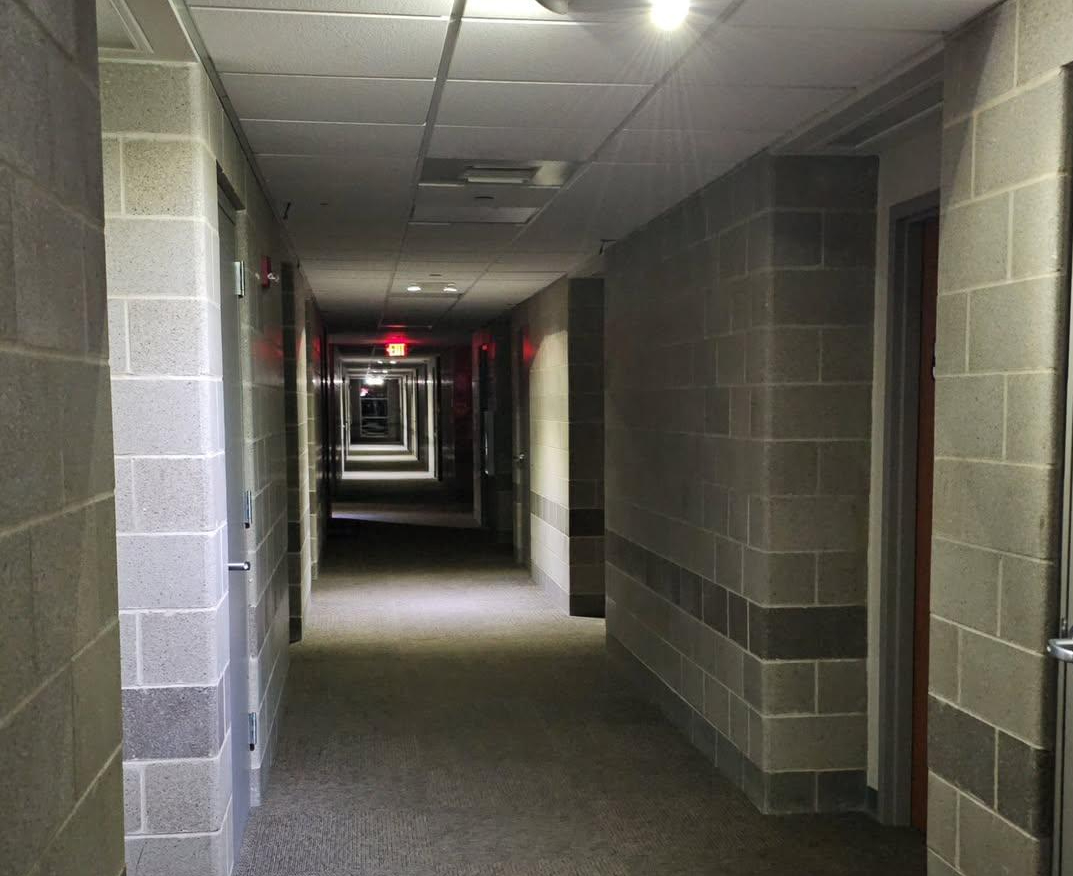 Top floor of Calvert Rogers Hall lit up only by Floodlights at 10:22 p.m. on Feb. 20, 2025.