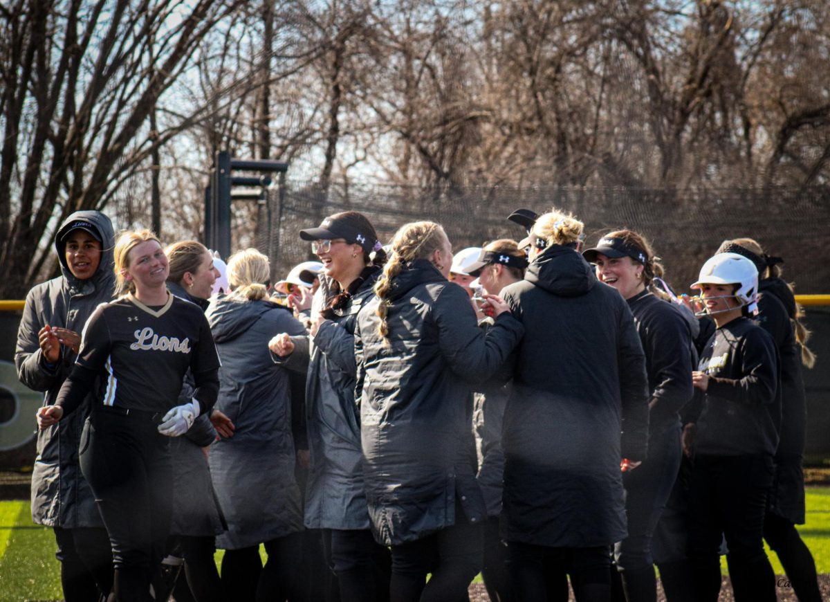 The Lindenwood softball team celebrates after a walk-off win by Teryn Brown