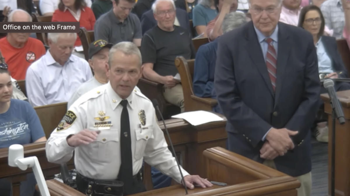 Police Chief Kurt Frisz speaks at the County Council meeting on March 30. (via SCCMOTV)